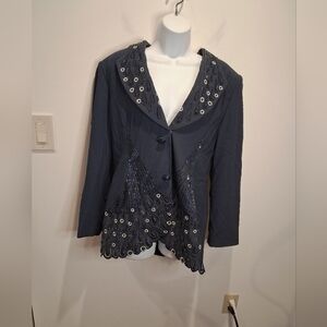 Frenchic New York Size 10 Navy Beaded Peacock Statement Blazer
